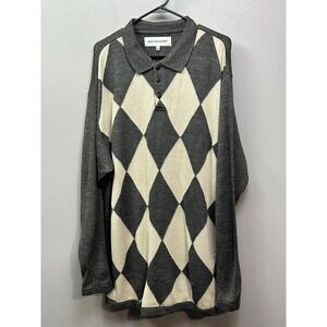 BERT PULITZER Mens Argyle‎ Knit Long Sleeve Polo Shirt Size L Gray Cream